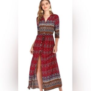 Bohemian Red Maxi Dress Button Front Print Slit Boho Duster Cardigan Casual XL